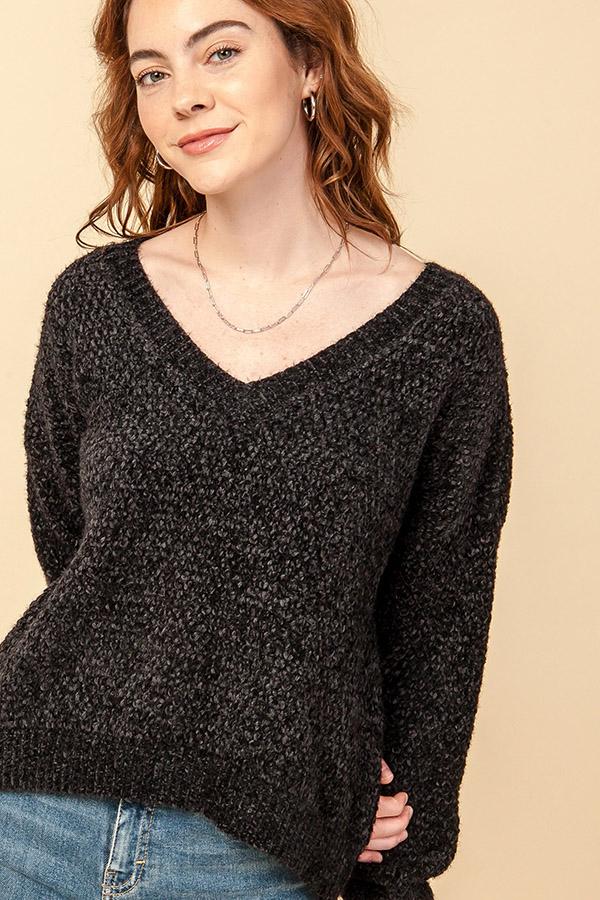 Hyfve Fuzzy Chenille V Neck Sweaters In Black Or Cobalt-Sweaters-Hyfve-Deja Nu Boutique, Women's Fashion Boutique in Lampasas, Texas