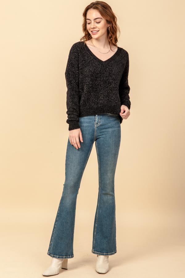 Hyfve Fuzzy Chenille V Neck Sweaters In Black Or Cobalt-Sweaters-Hyfve-Deja Nu Boutique, Women's Fashion Boutique in Lampasas, Texas