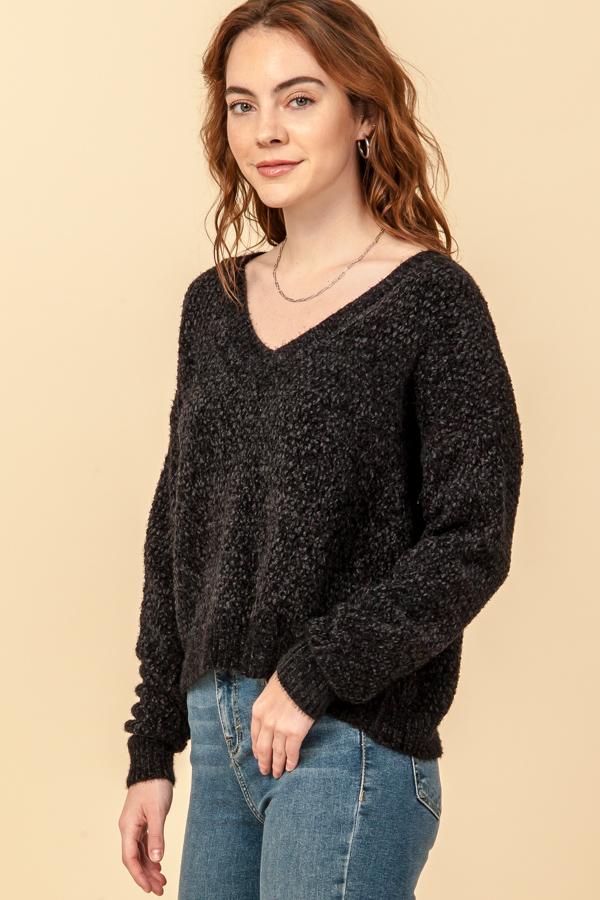 Hyfve Fuzzy Chenille V Neck Sweaters In Black Or Cobalt-Sweaters-Hyfve-Deja Nu Boutique, Women's Fashion Boutique in Lampasas, Texas