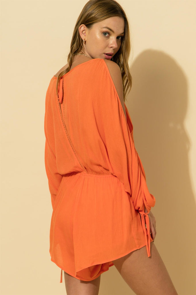 Hyfve Light Orange Cold Shoulder V Neck Romper-Rompers & Jumpsuits-Hyfve-Deja Nu Boutique, Women's Fashion Boutique in Lampasas, Texas