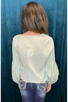 Hyfve Sage Eyelet Puff Sleeve Tie Front Blouse-Tops-Hyfve-Deja Nu Boutique, Women's Fashion Boutique in Lampasas, Texas