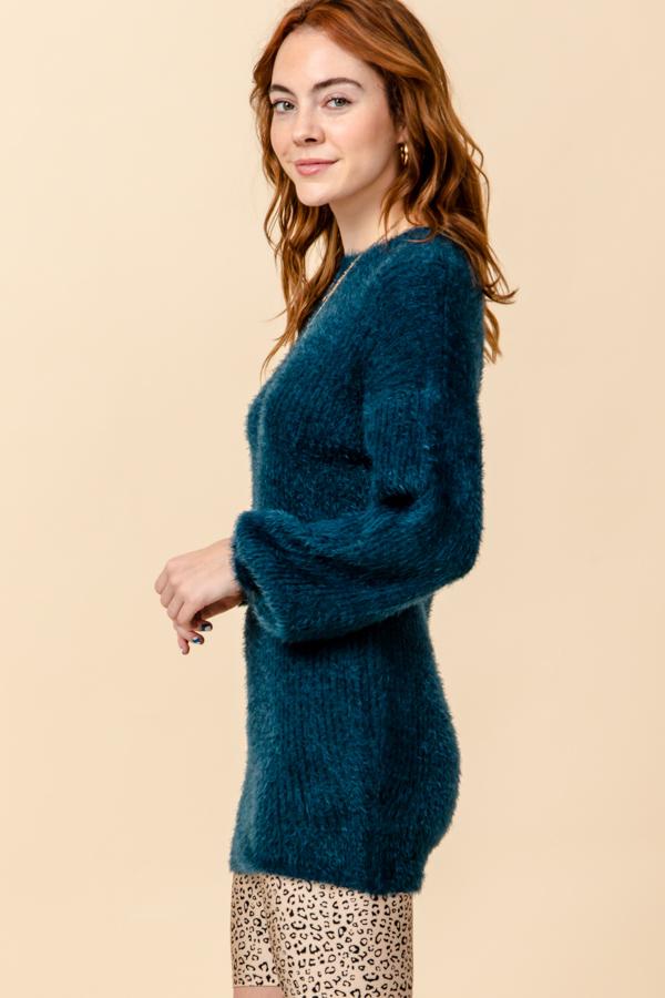 Hyfve Teal Puff Sleeve Knit Sweater Dress-Dresses-Hyfve-Deja Nu Boutique, Women's Fashion Boutique in Lampasas, Texas