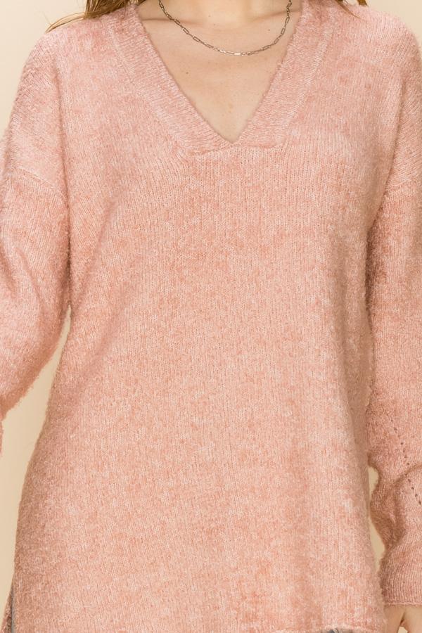 Hyfve V Neck Tunic Sweater With Side Slits In Rose-Tunics-Hyfve-Deja Nu Boutique, Women's Fashion Boutique in Lampasas, Texas