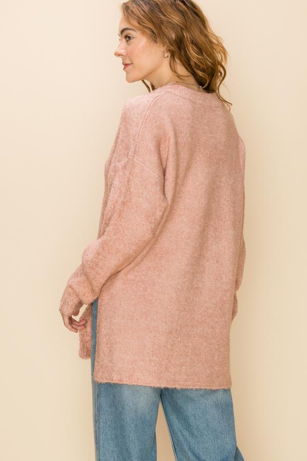 Hyfve V Neck Tunic Sweater With Side Slits In Rose-Tunics-Hyfve-Deja Nu Boutique, Women's Fashion Boutique in Lampasas, Texas