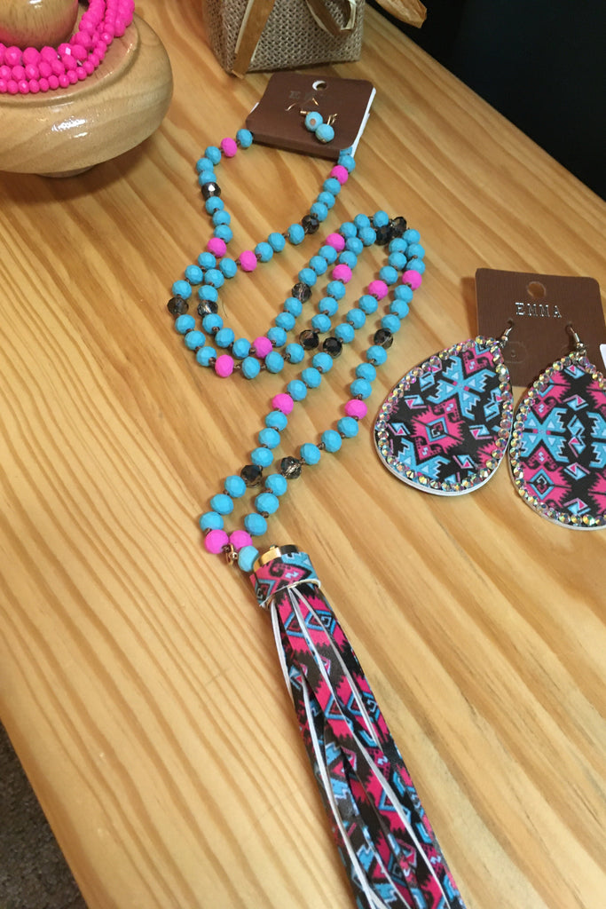 Emma Bright Turquoise And Hot Pink Aztec Earrings-Earrings-Emma-Deja Nu Boutique, Women's Fashion Boutique in Lampasas, Texas