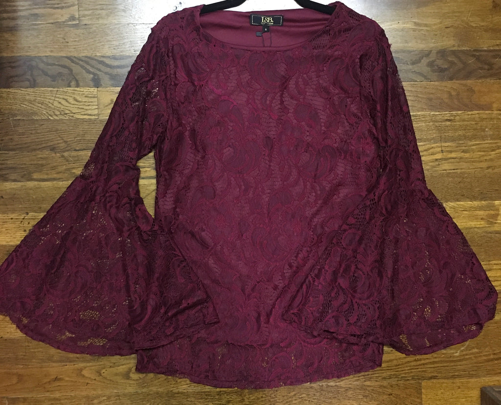 L&B Wine Lace Bell Sleeve Top-Tops-L And B-Deja Nu Boutique, Women's Fashion Boutique in Lampasas, Texas