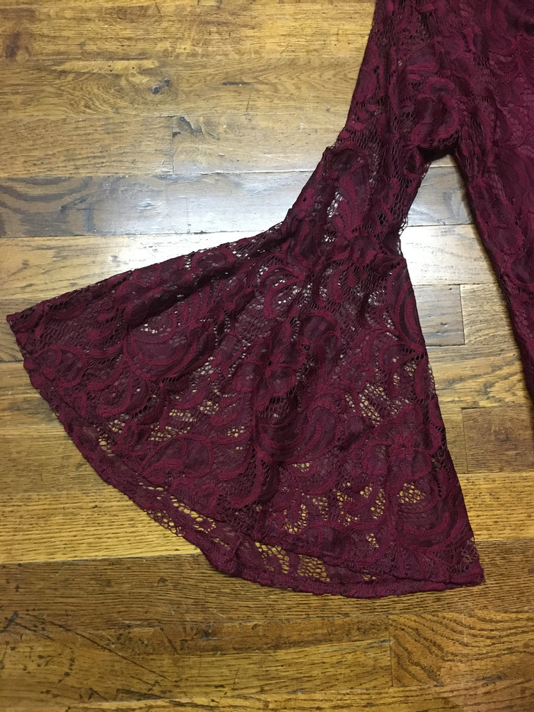 L&B Wine Lace Bell Sleeve Top-Tops-L And B-Deja Nu Boutique, Women's Fashion Boutique in Lampasas, Texas