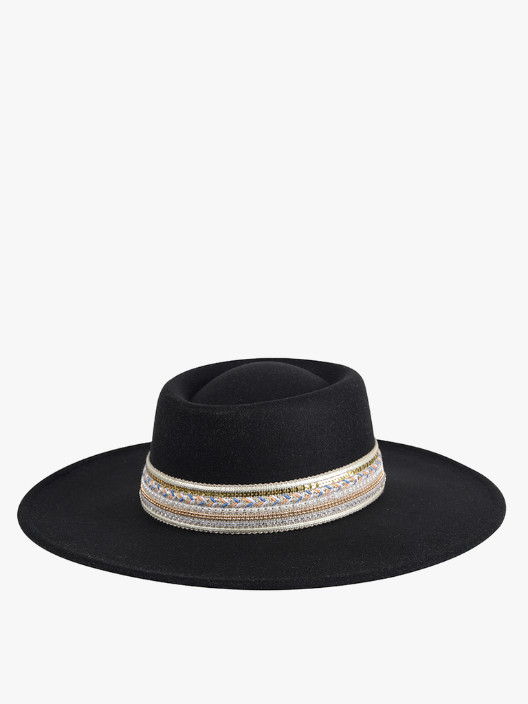 Jen & Co. Blaze Multi Trim Wide Brim Fedora Hat In Black-Hats-Jen & Co.-Deja Nu Boutique, Women's Fashion Boutique in Lampasas, Texas