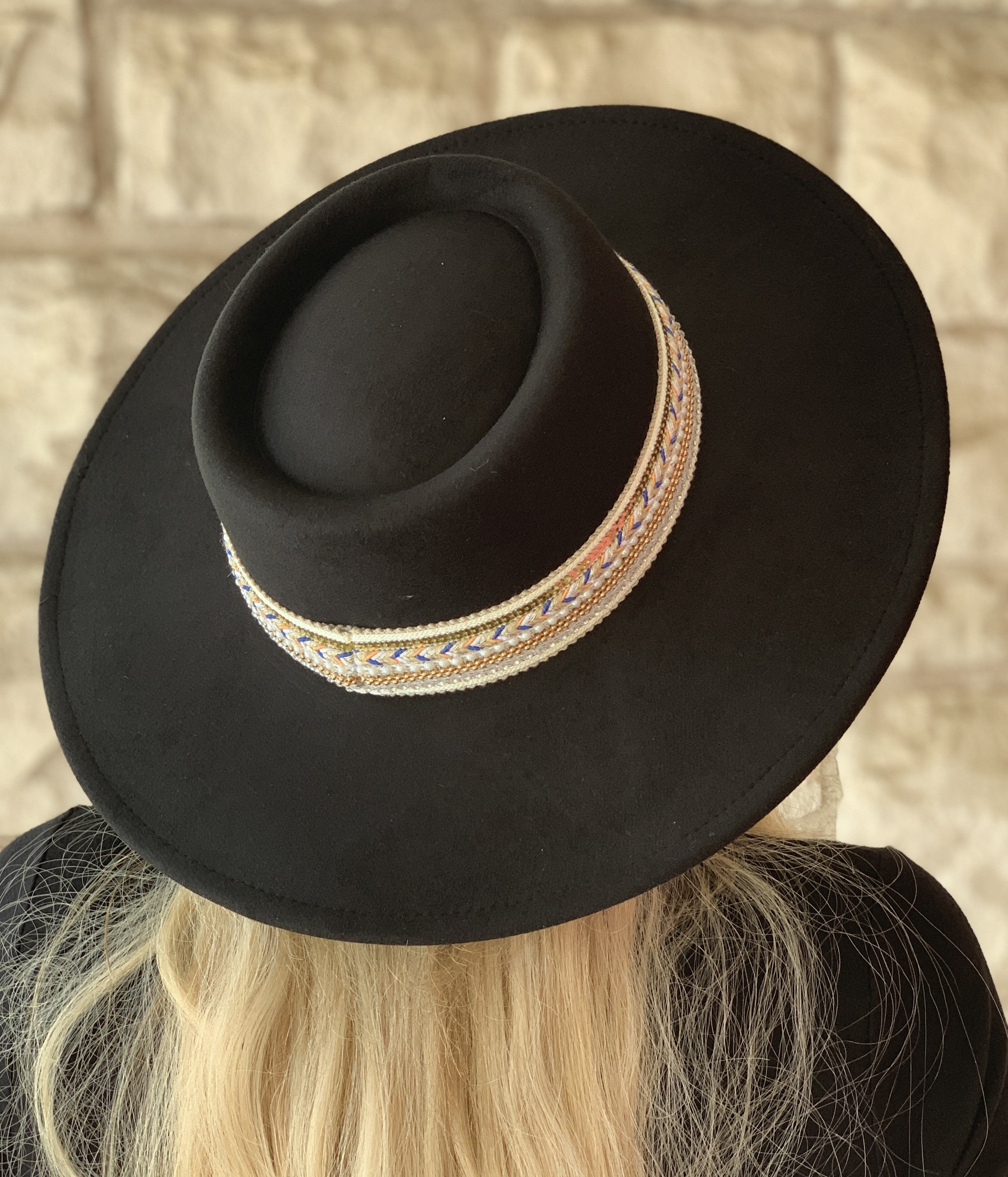 Jen & Co. Blaze Multi Trim Wide Brim Fedora Hat In Black-Hats-Jen & Co.-Deja Nu Boutique, Women's Fashion Boutique in Lampasas, Texas