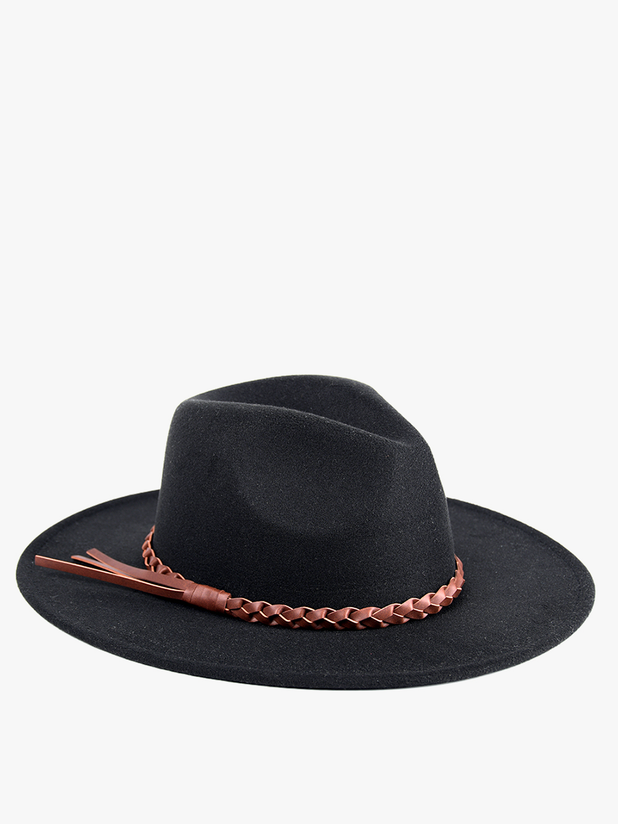 Jen & Co Debbie Braided Trim Wide Brim Fedora Hat In Black-Hats-Jen & Co.-Deja Nu Boutique, Women's Fashion Boutique in Lampasas, Texas