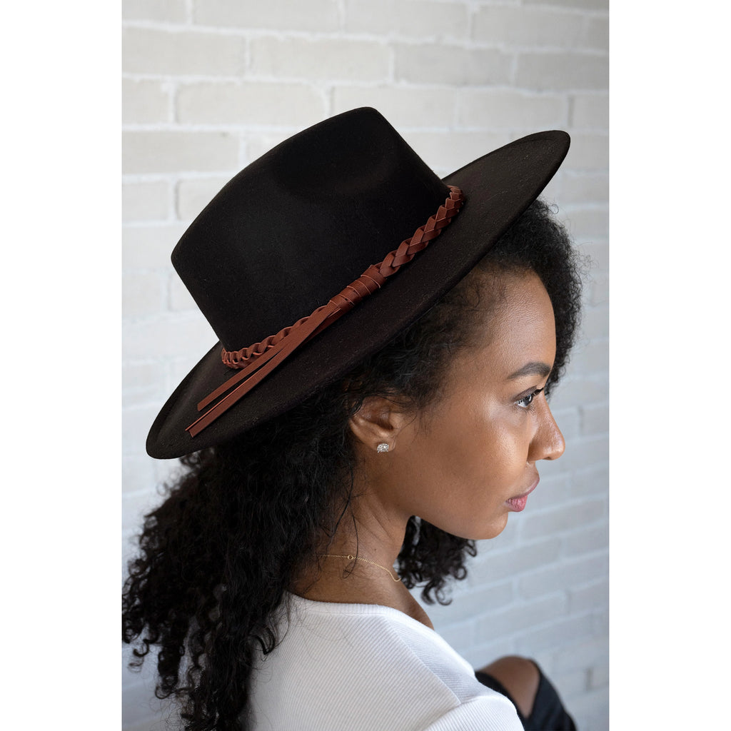 Jen & Co Debbie Braided Trim Wide Brim Fedora Hat In Black-Hats-Jen & Co.-Deja Nu Boutique, Women's Fashion Boutique in Lampasas, Texas