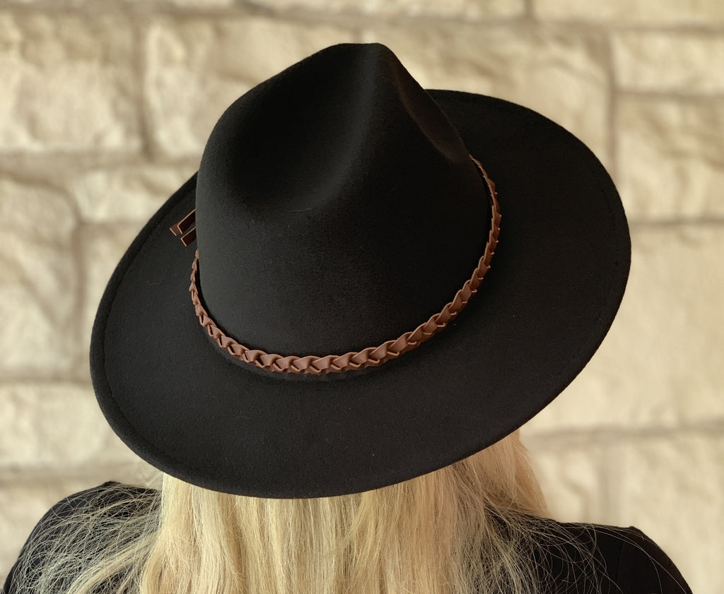 Jen & Co Debbie Braided Trim Wide Brim Fedora Hat In Black-Hats-Jen & Co.-Deja Nu Boutique, Women's Fashion Boutique in Lampasas, Texas