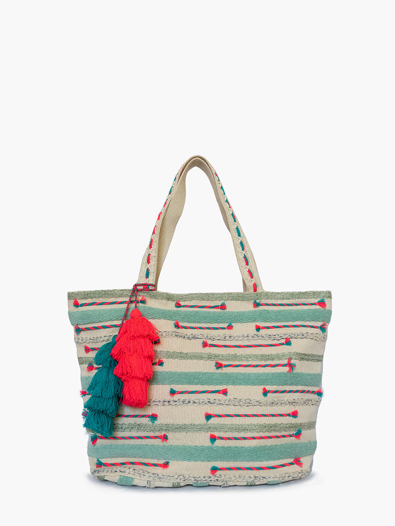 Jen & Co Gianni Printed Cotton Tote With Tripple Tassels In Teal And Pink-Handbags, Wallets & Cases-Jen & Co.-Deja Nu Boutique, Women's Fashion Boutique in Lampasas, Texas
