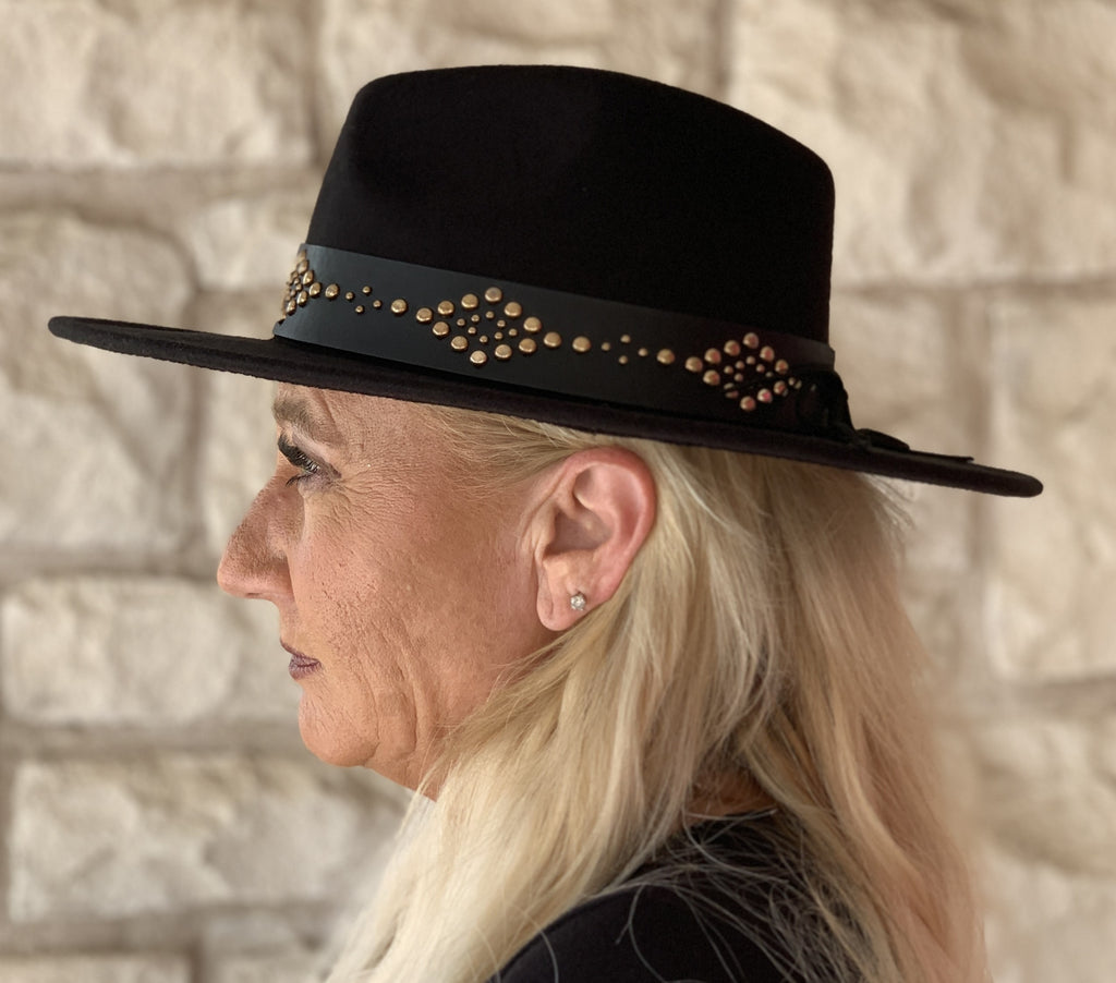 Jen & Co Glinda Grommet Trim Wide Brim Fedora Hat In Black-Hats-Jen & Co.-Deja Nu Boutique, Women's Fashion Boutique in Lampasas, Texas