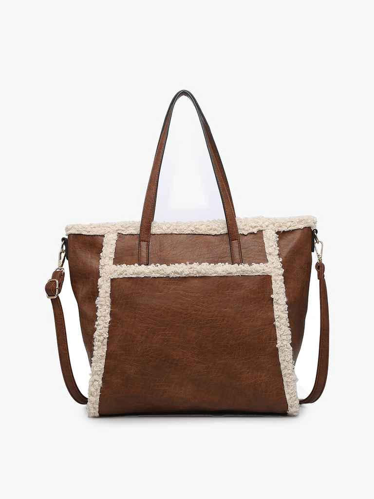 Jen & Co Lulu Sherpa Trim Tote With Front Pocket In Dark Brown-Handbags, Wallets & Cases-Jen & Co.-Deja Nu Boutique, Women's Fashion Boutique in Lampasas, Texas