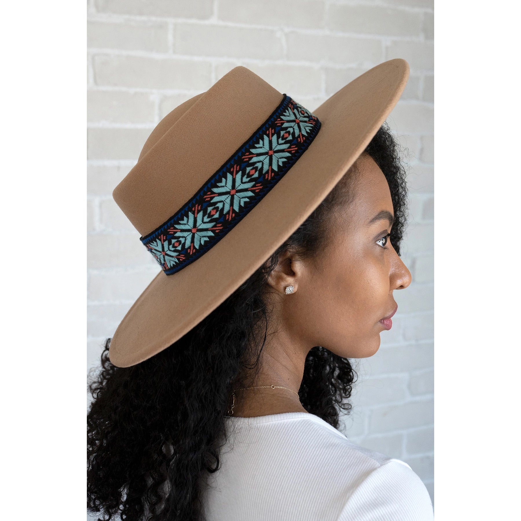 Jen & Co Mirta Aztec Trim Wide Brim Fedora Hat In Tan-Hats-Jen & Co.-Deja Nu Boutique, Women's Fashion Boutique in Lampasas, Texas