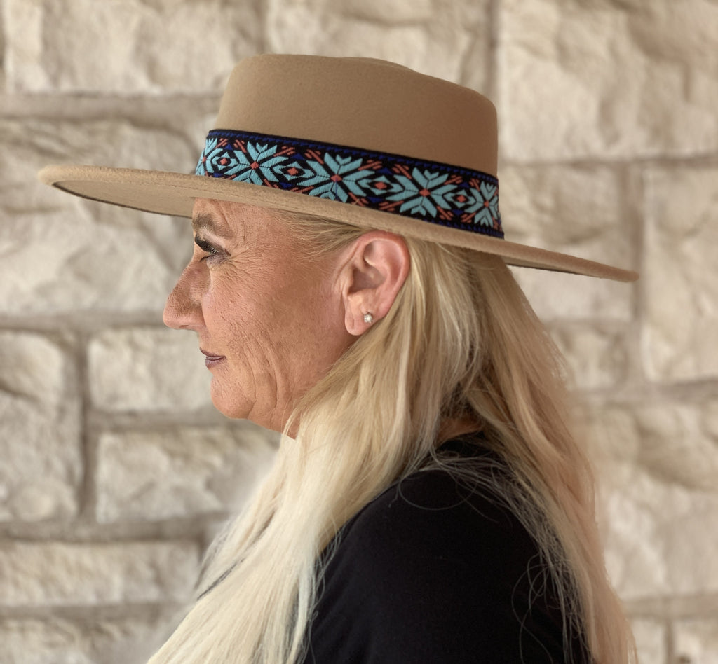 Jen & Co Mirta Aztec Trim Wide Brim Fedora Hat In Tan-Hats-Jen & Co.-Deja Nu Boutique, Women's Fashion Boutique in Lampasas, Texas