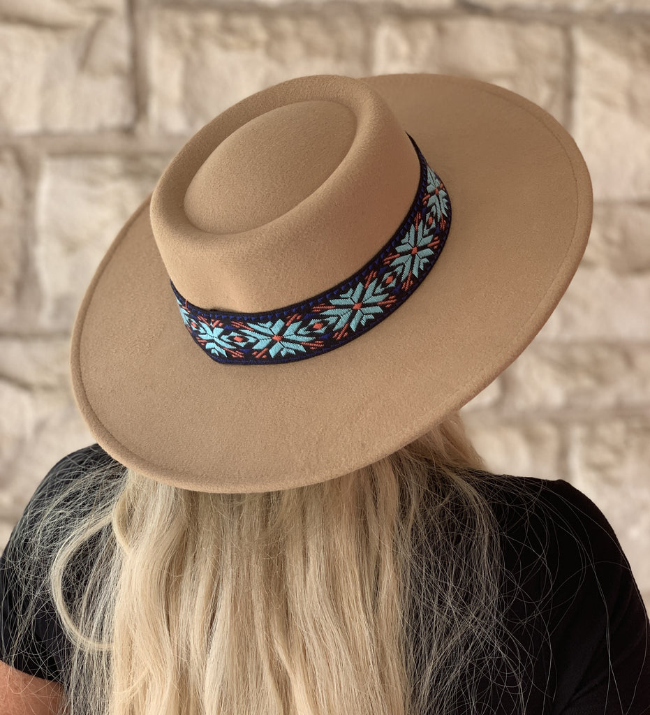 Jen & Co Mirta Aztec Trim Wide Brim Fedora Hat In Tan-Hats-Jen & Co.-Deja Nu Boutique, Women's Fashion Boutique in Lampasas, Texas