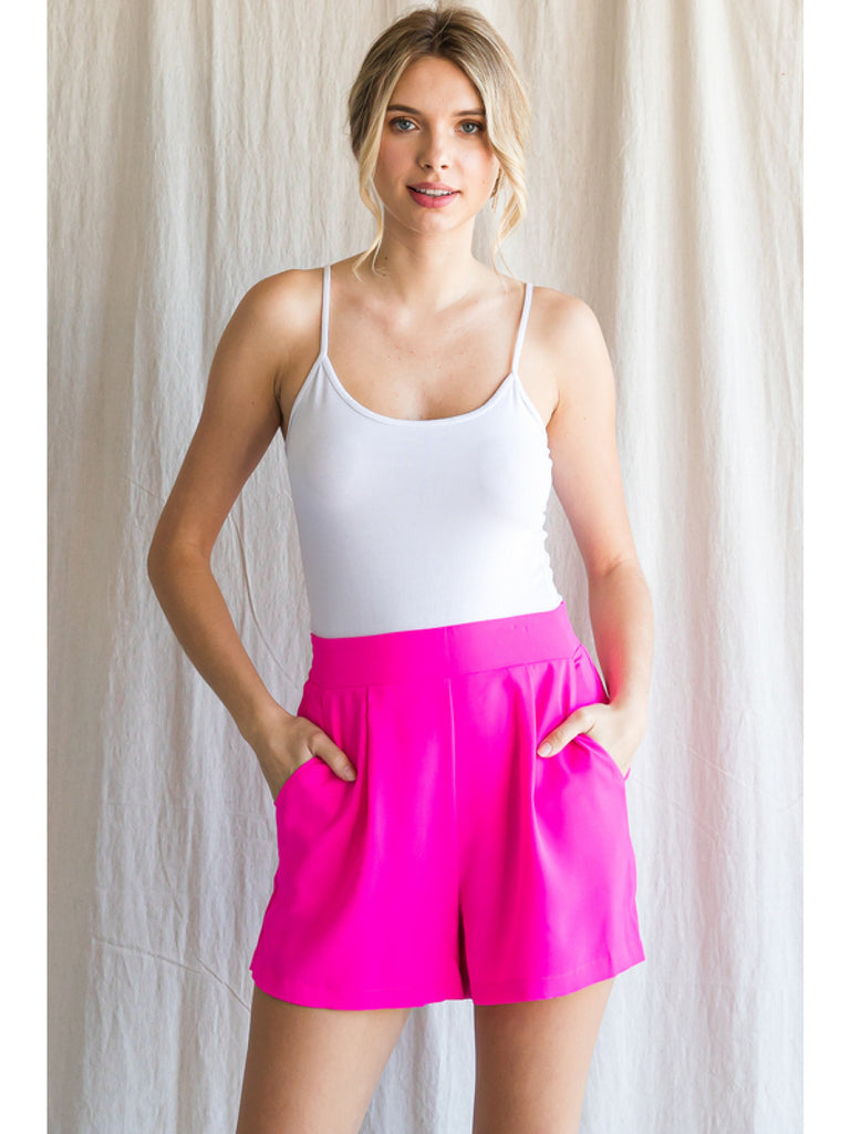 Jodifil Hot Pink Solid Shorts With Front Tuck Detail And Side Pockets-Shorts-Jodifl-Deja Nu Boutique, Women's Fashion Boutique in Lampasas, Texas