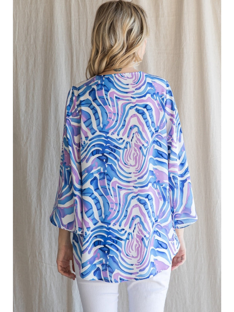 Jodifl Blue Swirl Print Blouse With Three Quarter Waterfall Sleeves-Tops-Jodifl-Deja Nu Boutique, Women's Fashion Boutique in Lampasas, Texas