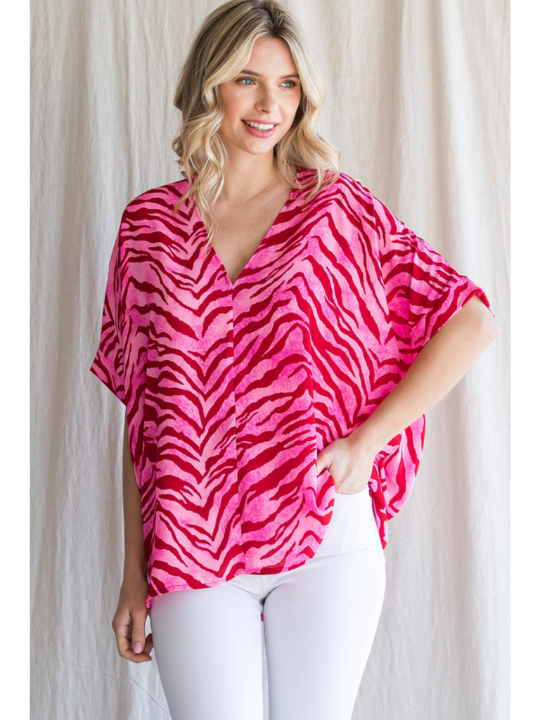 Jodifl Hot Pink And Red Zebra Print Boxy Top With A V-Neckline-Tops-Jodifl-Deja Nu Boutique, Women's Fashion Boutique in Lampasas, Texas