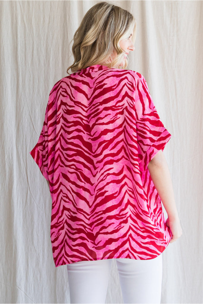 Jodifl Hot Pink And Red Zebra Print Boxy Top With A V-Neckline-Tops-Jodifl-Deja Nu Boutique, Women's Fashion Boutique in Lampasas, Texas