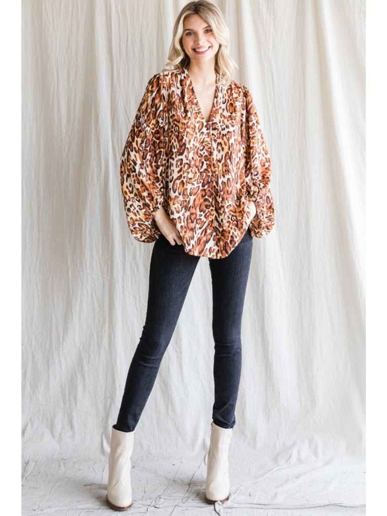 Jodifl Leopard Print Top With A V-Neckline And Long Balloon Sleeves-Long Sleeves-Jodifl-Deja Nu Boutique, Women's Fashion Boutique in Lampasas, Texas