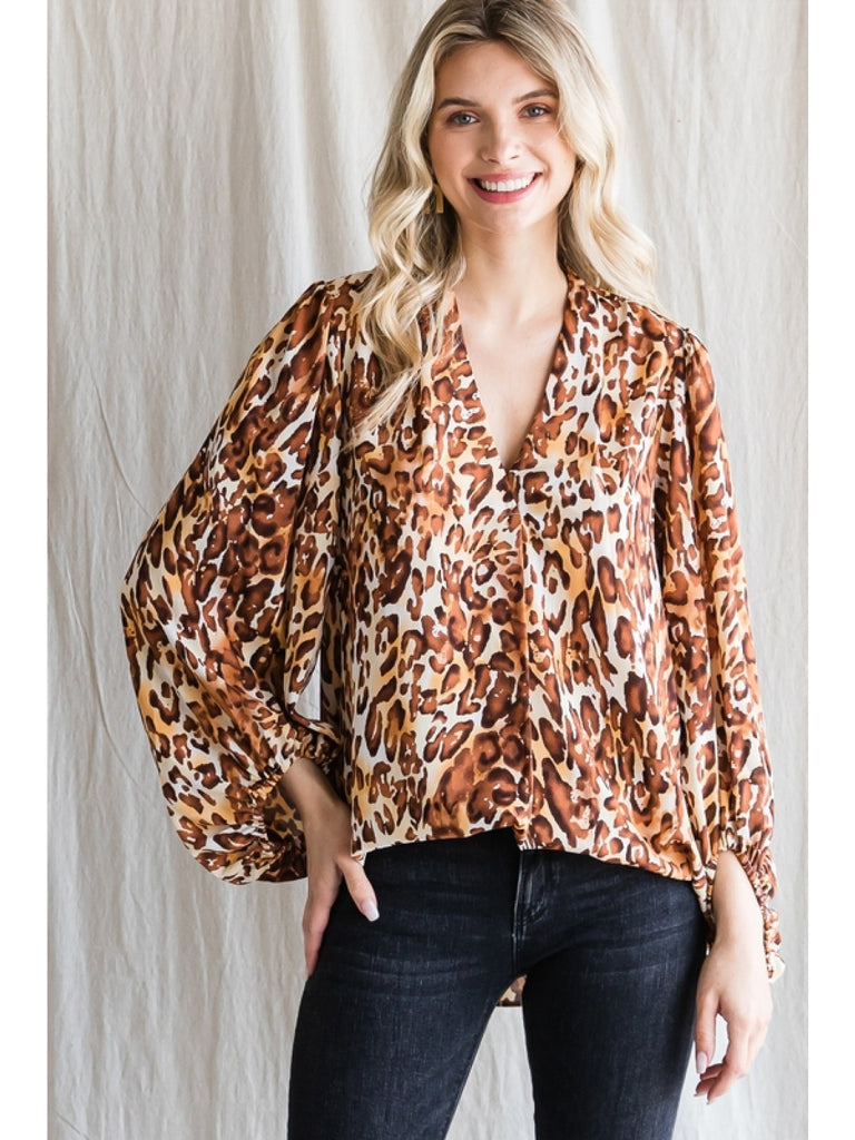 Jodifl Leopard Print Top With A V-Neckline And Long Balloon Sleeves-Long Sleeves-Jodifl-Deja Nu Boutique, Women's Fashion Boutique in Lampasas, Texas