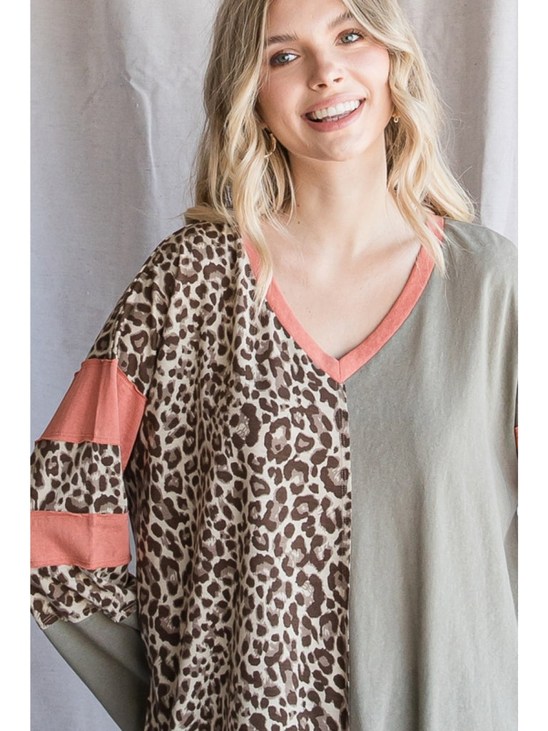 Jodifl Olive Leopard Print Color Block Top-Tops-Jodifl-Deja Nu Boutique, Women's Fashion Boutique in Lampasas, Texas