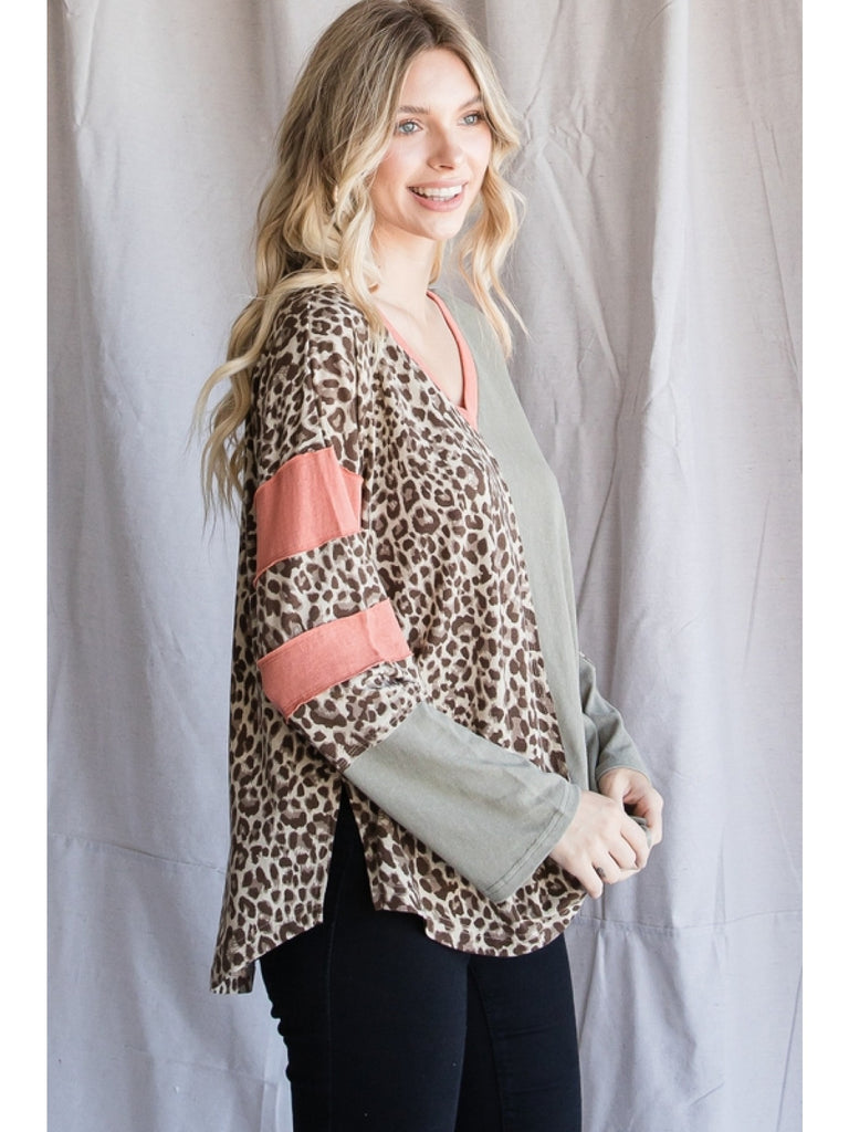 Jodifl Olive Leopard Print Color Block Top-Tops-Jodifl-Deja Nu Boutique, Women's Fashion Boutique in Lampasas, Texas