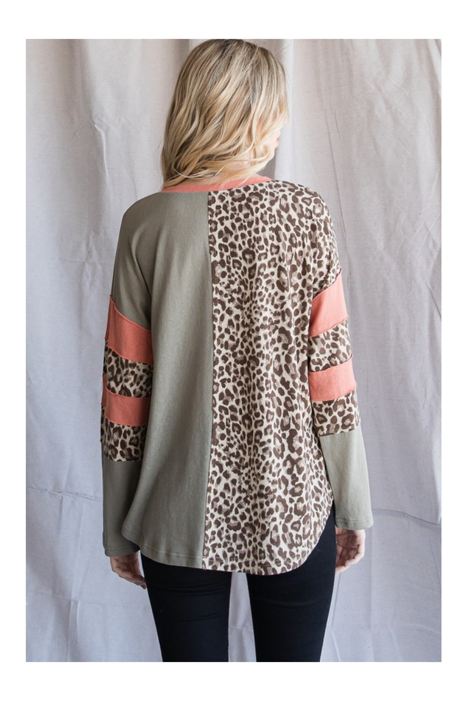 Jodifl Olive Leopard Print Color Block Top-Tops-Jodifl-Deja Nu Boutique, Women's Fashion Boutique in Lampasas, Texas