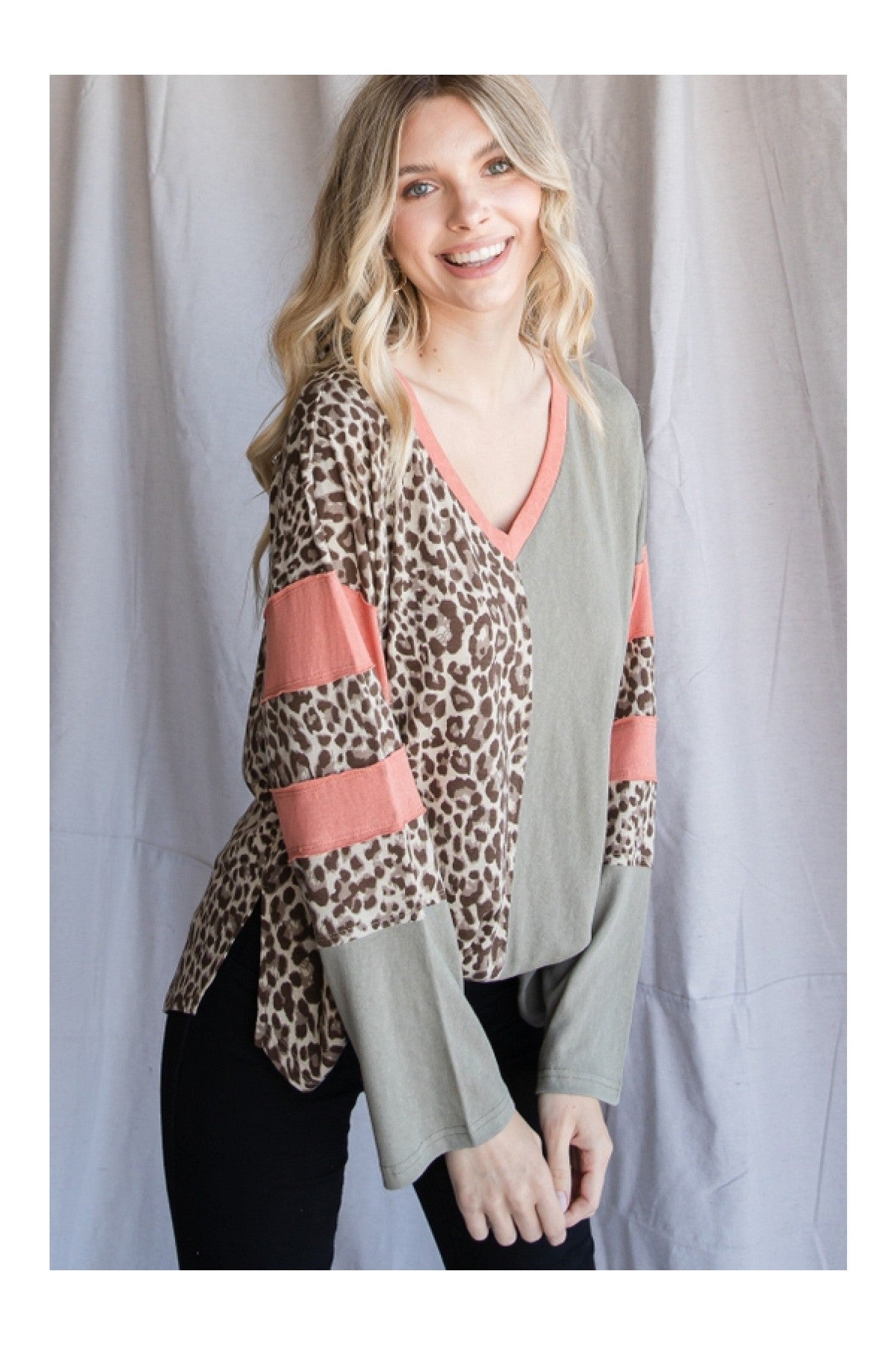 Jodifl Olive Leopard Print Color Block Top-Tops-Jodifl-Deja Nu Boutique, Women's Fashion Boutique in Lampasas, Texas