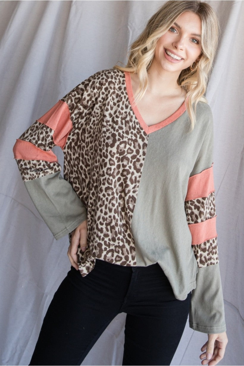 Jodifl Olive Leopard Print Color Block Top-Tops-Jodifl-Deja Nu Boutique, Women's Fashion Boutique in Lampasas, Texas