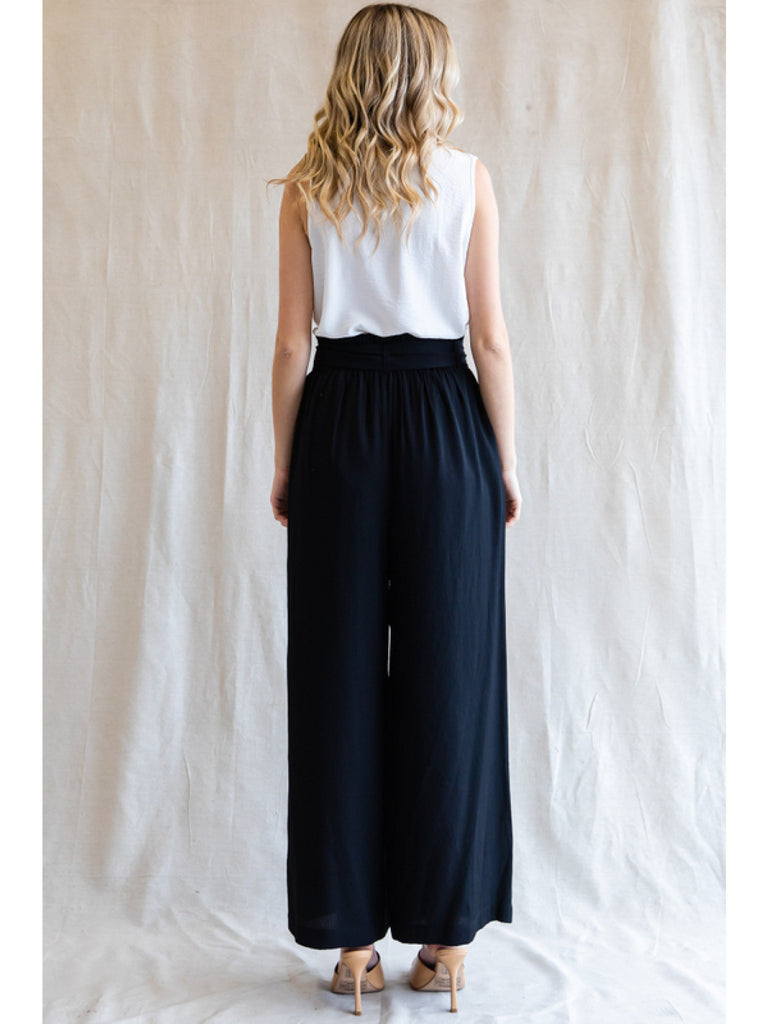 Jodifl Solid Wide Leg Pants With Stretch-Band Ribbon And Self-Tie Waist In Black-Pants-Jodifl-Deja Nu Boutique, Women's Fashion Boutique in Lampasas, Texas