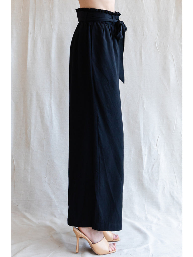 Jodifl Solid Wide Leg Pants With Stretch-Band Ribbon And Self-Tie Waist In Black-Pants-Jodifl-Deja Nu Boutique, Women's Fashion Boutique in Lampasas, Texas