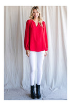 Jodifl Textured Tomato Red Top With A Collarless Neckline And Long Bubble Sleeves-Long Sleeves-Jodifl-Deja Nu Boutique, Women's Fashion Boutique in Lampasas, Texas