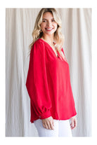 Jodifl Textured Tomato Red Top With A Collarless Neckline And Long Bubble Sleeves-Long Sleeves-Jodifl-Deja Nu Boutique, Women's Fashion Boutique in Lampasas, Texas