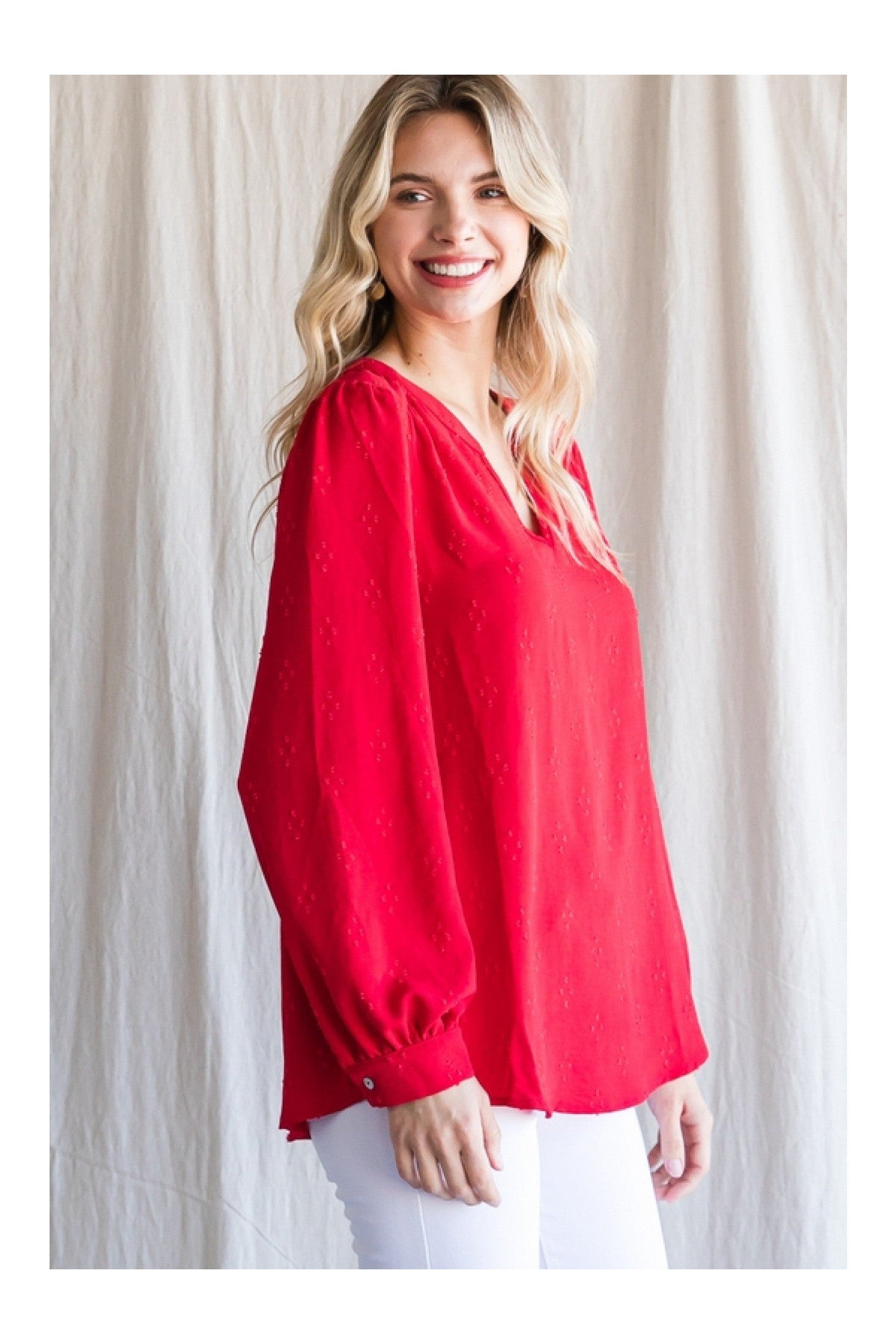 Jodifl Textured Tomato Red Top With A Collarless Neckline And Long Bubble Sleeves-Long Sleeves-Jodifl-Deja Nu Boutique, Women's Fashion Boutique in Lampasas, Texas