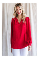 Jodifl Textured Tomato Red Top With A Collarless Neckline And Long Bubble Sleeves-Long Sleeves-Jodifl-Deja Nu Boutique, Women's Fashion Boutique in Lampasas, Texas