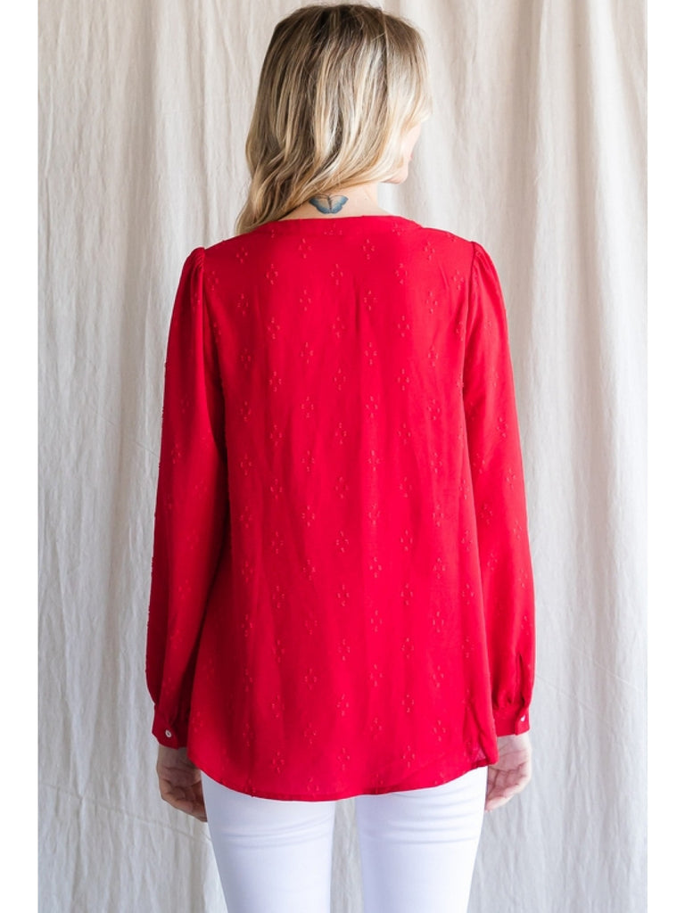 Jodifl Textured Tomato Red Top With A Collarless Neckline And Long Bubble Sleeves-Long Sleeves-Jodifl-Deja Nu Boutique, Women's Fashion Boutique in Lampasas, Texas