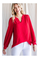 Jodifl Textured Tomato Red Top With A Collarless Neckline And Long Bubble Sleeves-Long Sleeves-Jodifl-Deja Nu Boutique, Women's Fashion Boutique in Lampasas, Texas