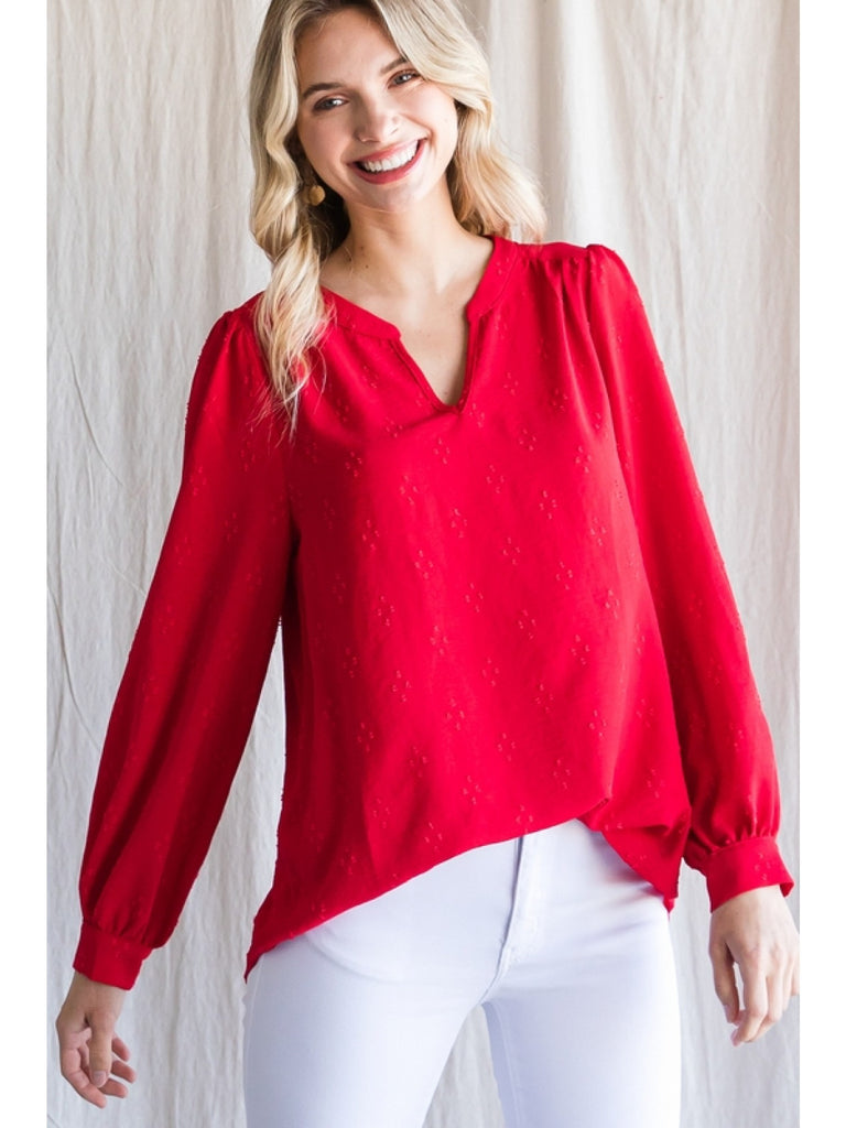 Jodifl Textured Tomato Red Top With A Collarless Neckline And Long Bubble Sleeves-Long Sleeves-Jodifl-Deja Nu Boutique, Women's Fashion Boutique in Lampasas, Texas