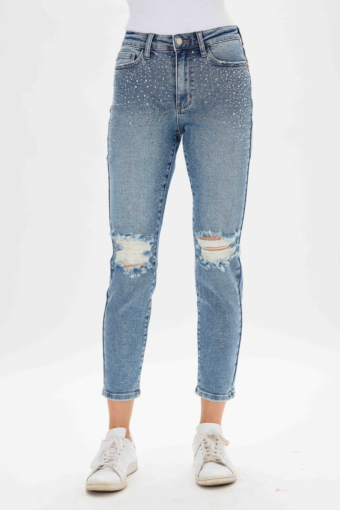 Judy Blue High Rise Rhinestone Embellished Slim Capri With Deconstruction-Jeans-Judy Blue-Deja Nu Boutique, Women's Fashion Boutique in Lampasas, Texas
