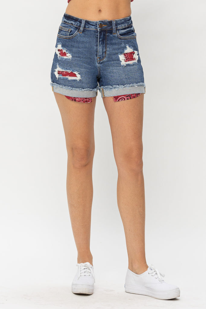 Judy Blue High Waist Destroyed Shorts With Red Bandana Pocket Lining-Shorts-Judy Blue-Deja Nu Boutique, Women's Fashion Boutique in Lampasas, Texas