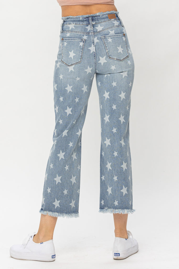 Judy Blue High Waist Star Print Cropped Straight Jean-Jeans-Judy Blue-Deja Nu Boutique, Women's Fashion Boutique in Lampasas, Texas