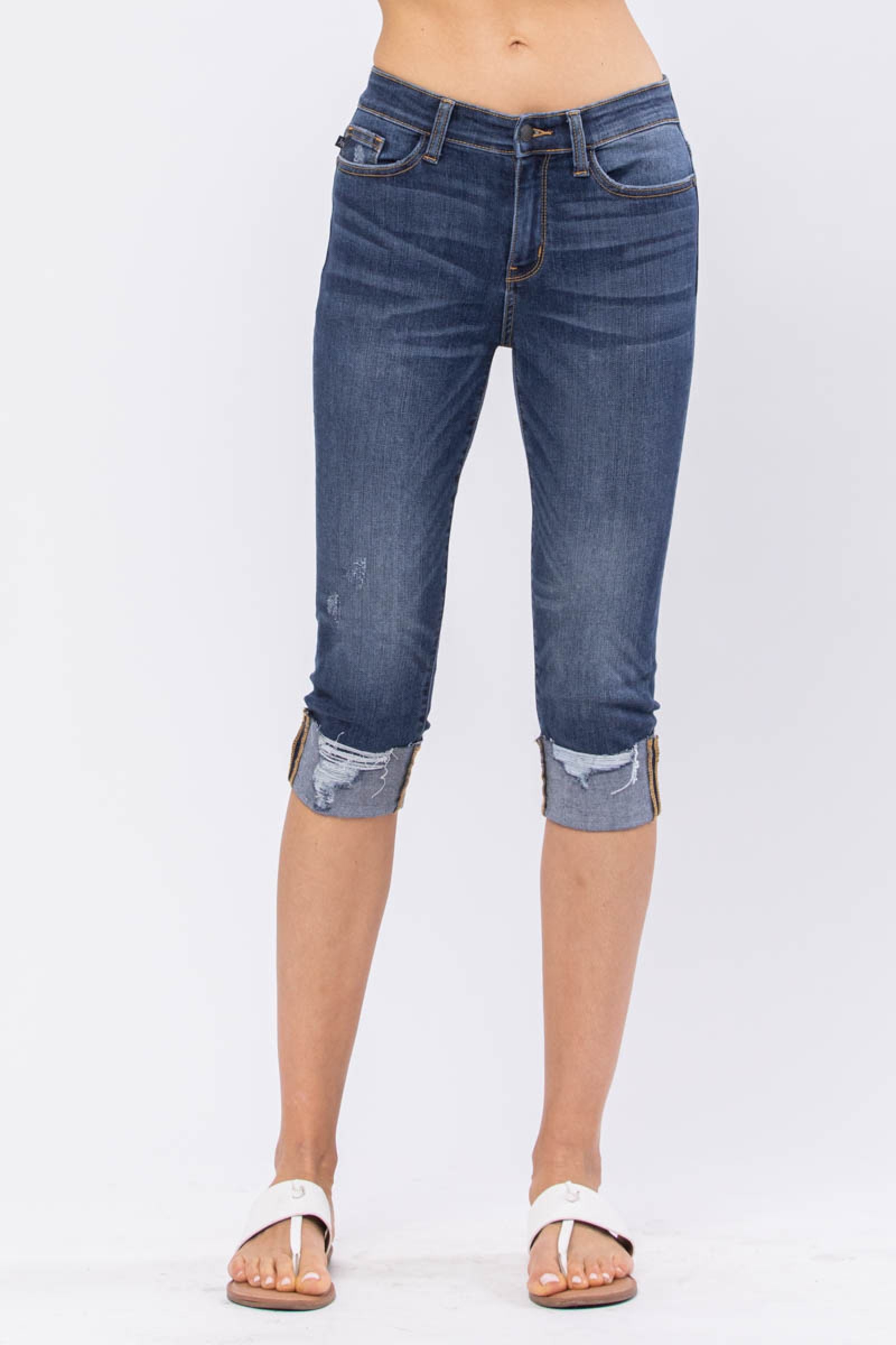 Judy Blue Mid Rise Destroyed Cuff Skinny Capri-Bottoms-Judy Blue-Deja Nu Boutique, Women's Fashion Boutique in Lampasas, Texas