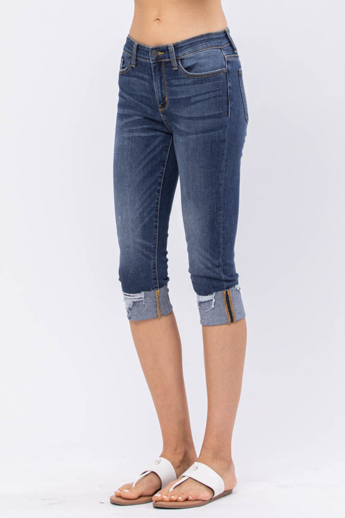 Judy Blue Mid Rise Destroyed Cuff Skinny Capri-Bottoms-Judy Blue-Deja Nu Boutique, Women's Fashion Boutique in Lampasas, Texas