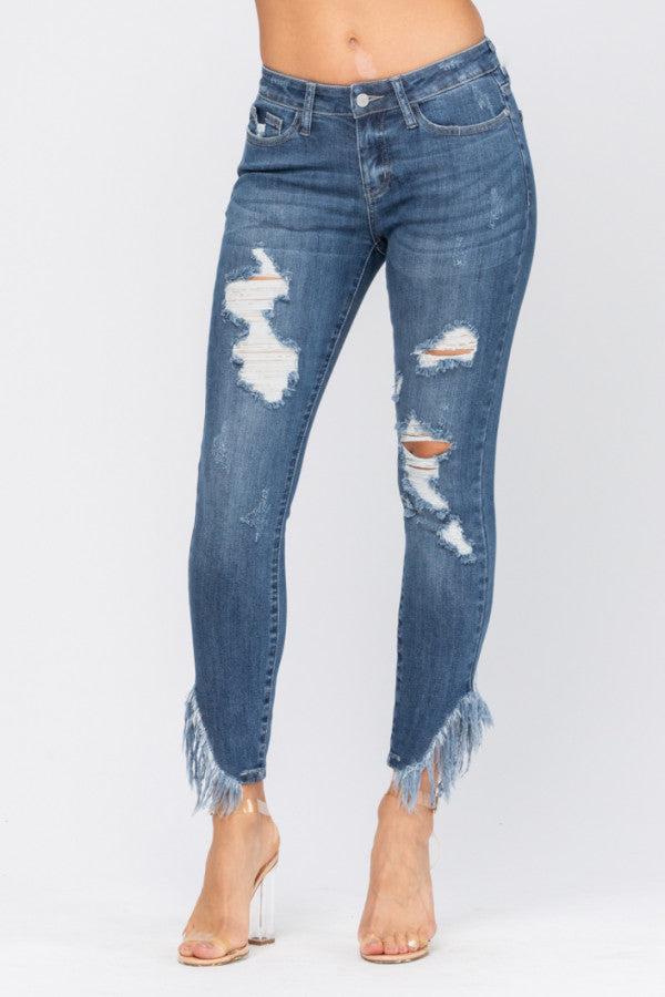 Judy Blue Slant Fray Hem Skinny Jean-Jeans-Judy Blue-Deja Nu Boutique, Women's Fashion Boutique in Lampasas, Texas