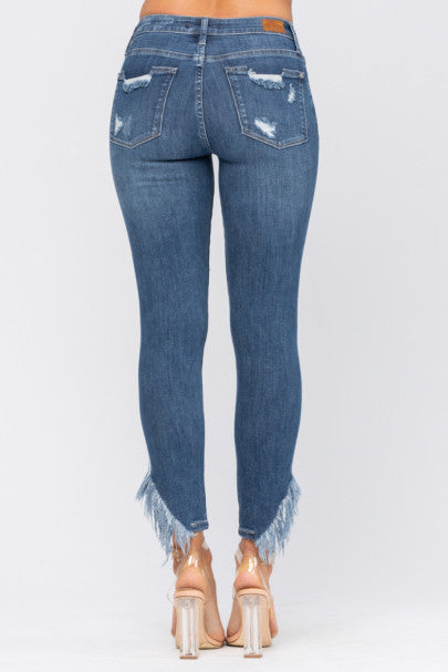 Judy Blue Slant Fray Hem Skinny Jean-Jeans-Judy Blue-Deja Nu Boutique, Women's Fashion Boutique in Lampasas, Texas