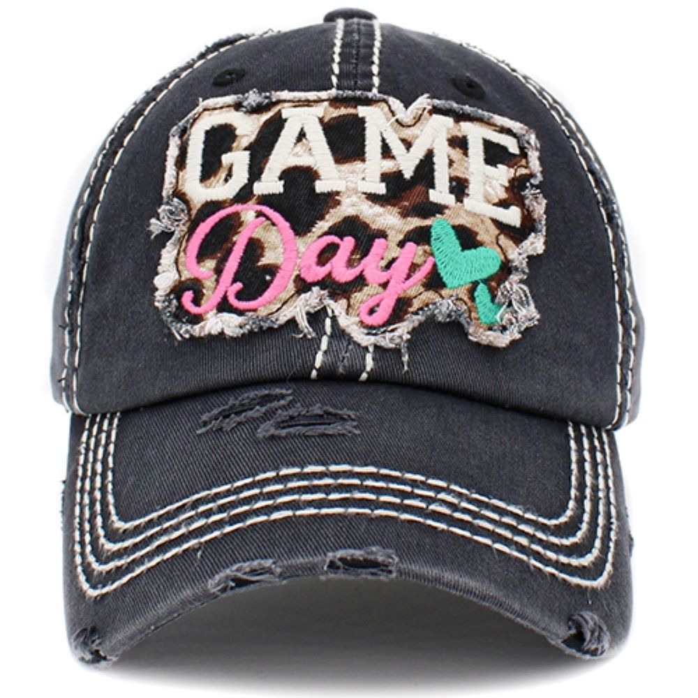 KBETHOS Vintage Game Day Hat In Black With White Stitching And Leopard Strap-Hats-KBETHOS-Deja Nu Boutique, Women's Fashion Boutique in Lampasas, Texas